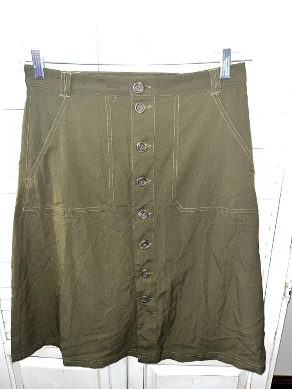 NEW TravelSmith Skirt Size 10 Petite Green Midi Button Front Modest Cottagecore